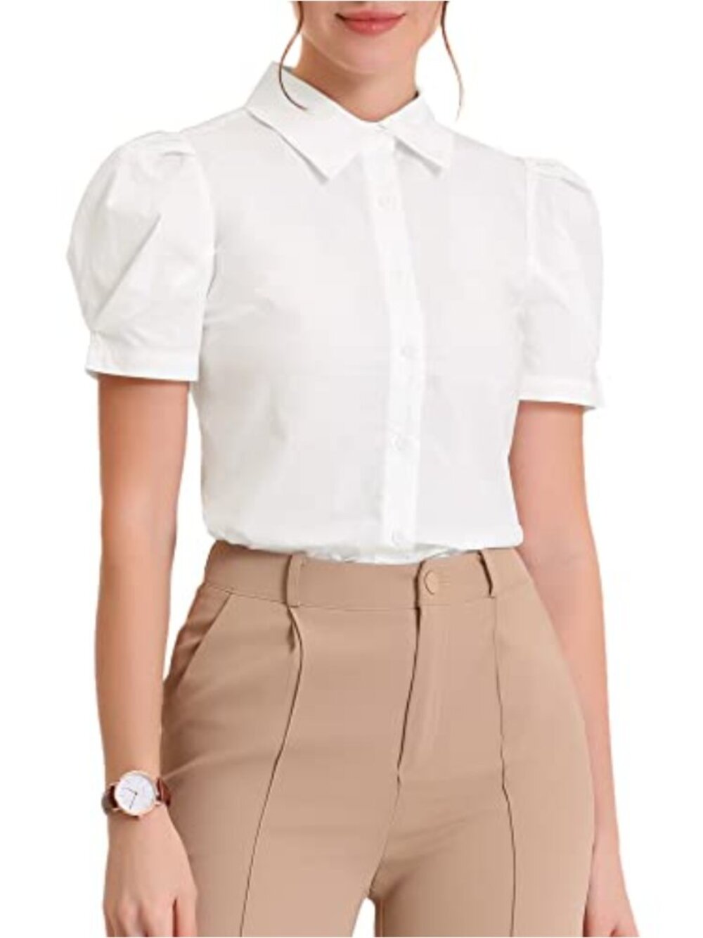 Women's Puff Short Sleeve Button Down Collared Work Blouse